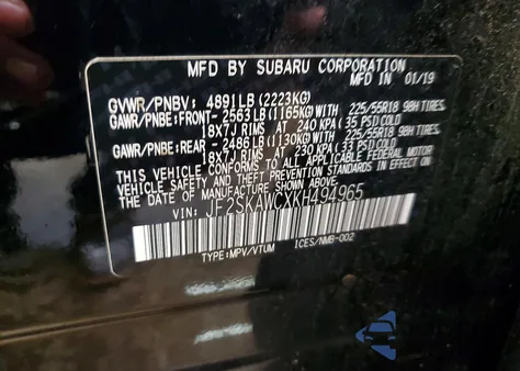 2019 Subaru Forester Touring z USA, uszkodzony, nr VIN JF2SKAWCXKH494965
